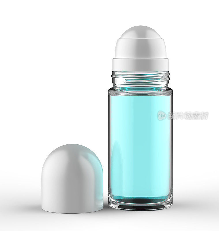 空白开玻璃瓶滚香体剂模型。3 d渲染插图。